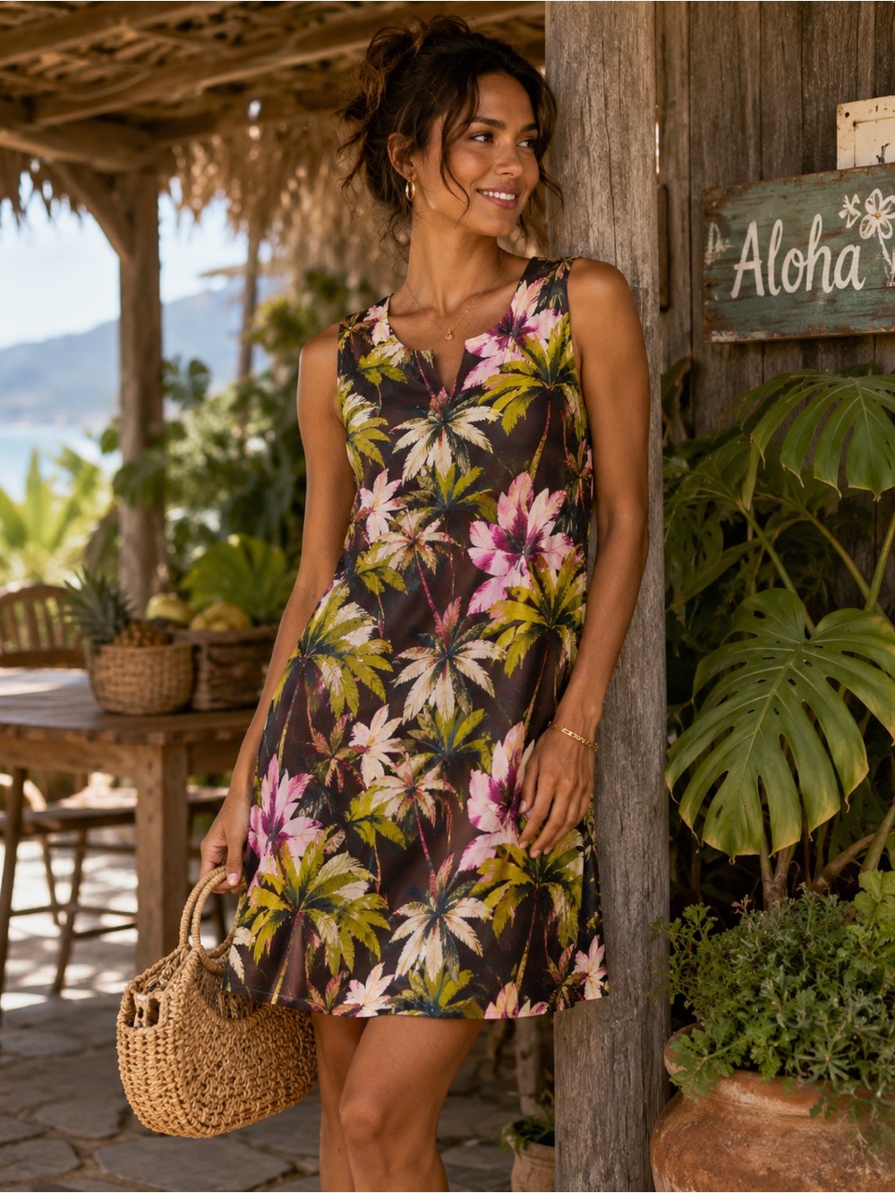 Vintage STRETCH silk Tropical Shift Dress 90s Resort Floral Sz M 8